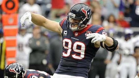 Houston Texans defensive end J.J. Watt (99) reacts after a play during the first quarter of an NFL football game against the Minnesota Vikings, Sunday, Dec. 23, 2012, in Houston. (AP Photo/Dave Einsel)