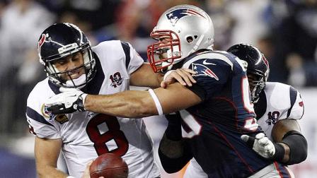 Houston Texans quarterback Matt Schaub (8) is sacked by New England Patriots defensive end Rob Ninkovich (50) during the first quarter of an NFL football game in Foxborough, Mass., Monday, Dec. 10, 2012. (AP Photo/Stephan Savoia)