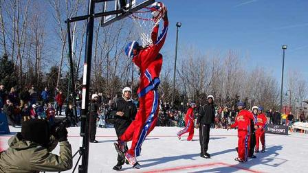 The Harlem Globetrotters seen at Globetrotters Play Basketball On Ice on Monday, January 7th, 2013 in Portage, Michigan. As the NHL plans their return, the Harlem Globetrotters played an outdoor basketball game on ice to help fill the void of the cancelled Winter Classic in Michigan. The Globetrotters continue their 2013 world tour in 45 states and nine provinces. (Photo by William Pugliano/Invision for Globetrotters/AP Images)