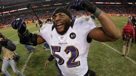 In a photo taken with a fisheye lens, Baltimore Ravens inside linebacker Ray Lewis celebrates after the Ravens beat the Denver Broncos 38-35 in overtime of an AFC divisional playoff NFL football game, Saturday, Jan. 12, 2013, in Denver. (AP Photo/Charlie Riedel)