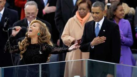 President Barack Obama as Beyonce sings the National Anthem at the ceremonial swearing-in at the U.S. Capitol during the 57th Presidential Inauguration in Washington, Monday, Jan. 21, 2013. (AP Photo/Carolyn Kaster)