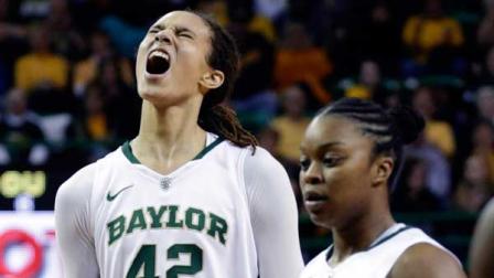 Baylors Brittney Griner (42) reacts after breaking the NCAA womens career record for blocks against Oklahoma during the second half of an NCAA college basketball game Saturday, Jan. 26, 2013, in Waco Texas. Also show are Baylors Odyssey Sims (0) and Oklahomas Aaryn Ellenberg (3). (AP Photo/LM Otero)