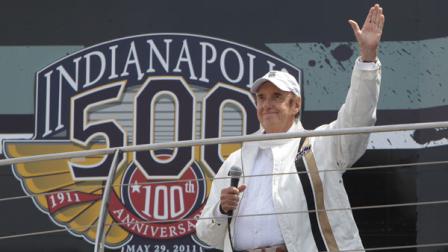 Jim Nabors waves before singing Back Home Again in Indiana beforethe Indianapolis 500 auto race at the Indianapolis Motor Speedway in Indianapolis, Sunday, May 29, 2011. (AP Photo/Jeff Roberson)