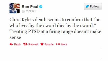 Ron Paul Tweeted Monday about the fatal shooting of Chris Kyle over the weekend.