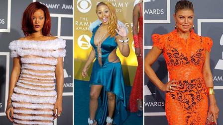 CBS has issued a memo to Grammy Awards attendees against baring too much skin at the ceremony Sunday. The network requests that buttocks and female breasts are adequately covered for the televised award show. The memo sent out Wednesday, Feb. 6, 2013, also warned against see-through clothing, exposure of the genital region and said that thong type costumes are problematic. (AP Photos)