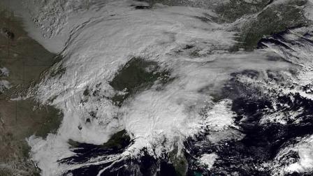 This image made available by NOAA shows storm systems over the eastern half of the United States on Thursday, Feb. 7, 2013 at 11:15 EST. A blizzard of potentially historic proportions threatened to strike the Northeast with a vengeance Friday, Feb. 8, 2013 with 1 to 2 feet of snow feared along the densely populated Interstate 95 corridor from the New York City area to Boston and beyond. (AP Photo/NOAA)