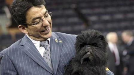 Handler Ernesto Lara poses for photographers with Banana Joe, an affenpinscher who won best in show during the 137th Westminster Kennel Club dog show, Tuesday, Feb. 12, 2013 at Madison Square Garden in New York. (AP Photo/Mary Altaffer)