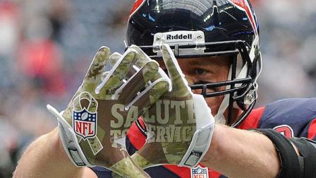 Houston Texans defensive end J.J. Watt shows his Salute to Service gloves as he warms up before an NFL football game against the Buffalo Bills Sunday, Nov. 4, 2012, in Houston. (AP Photo/David J. Phillip)