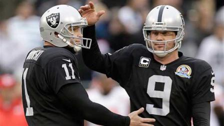 Oakland Raiders place kicker Sebastian Janikowski (11) celebrates after kicking a 57-yard field goal with punter ShaneLechler (9) during the second quarter of an NFL football game against the Kansas City Chiefs in Oakland, Calif., Sunday, Dec. 16, 2012. (AP Photo/Marcio Jose Sanchez)
