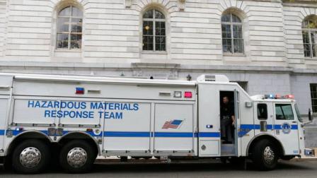 A Capitol Police Hazardous Materials Response Team truck is parked at the Russell Senate Office building on Capitol Hill in Washington, Wednesday, April 17, 2013, after reports of suspicious packages discovered on Capitol Hill. U.S. Capitol police are investigating the discovery of at least two suspicious envelopes in Senate office buildings across the street from the Capitol. (AP Photo/Charles Dharapak)