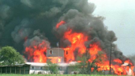 Fire engulfs the Branch Davidian compound near Waco, Texas, April 19, 1993. Eighty-one Davidians, including leader David Koresh, perished as federal agents tried to drive them out of the compound. A few weeks earlier four agents from the Bureau of Alcohol, Tobacco and Firearms were slain in a shootout at the site, and six cult members were found dead inside. (AP Photo/Ron Heflin)