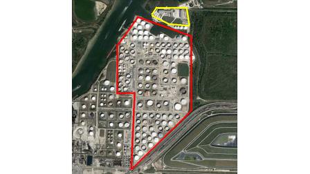 Kinder Morgan says the area outlined in red is the Pasadena Terminal; the area outlines in yellow is newly acquired land.