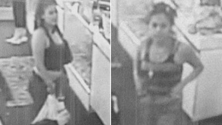 The first suspect is described as a Hispanic female, approximately 20 to 27 years of age, standing 5 feet 8 inches tall and weighing about 160 pounds. She is reported to have black hair worn in a ponytail, and a tattoo around her navel. The second suspect is described as a Hispanic female, approximately 30 to 38 years of age, standing 5 feet 5 inches tall, weighing 144 pounds with black hair.