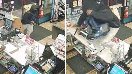 The suspect was wearing a dark-colored hoodie with the hood pulled up. He had on tan or khaki-colored pants, white shoes and a mask pulled over his face covering his mouth and nose. He also was carrying a backpack or satchel with the strap over his right shoulder.