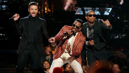 From left, Justin Timberlake, Charlie Wilson and Pharrell Williams perform onstage at the BET Awards at the Nokia Theatre on Sunday, June 30, 2013, in Los Angeles. (Photo by Frank Micelotta/Invision/AP)