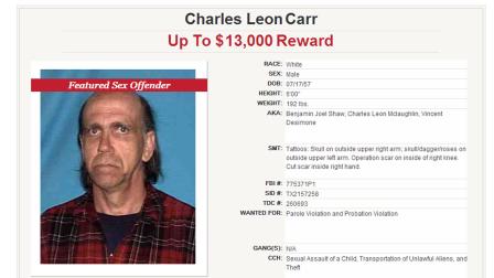 The reward to put Charles Leon Carr, a fugitive on Texas 10 Most Wanted Sex Offenders list, behind bars has increased to $13,000 for the month of October.