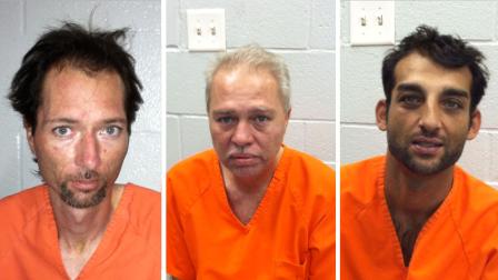 From left: George Peres, 33, 46-year-old Tony Peres and a third unidentified man were arrested in Tomball after they allegedly tried to rob an elderly woman of jewelry by pretending to be utility workers. Police need help identifying the last suspect. Anyone with information regarding his name is asked to contact them.