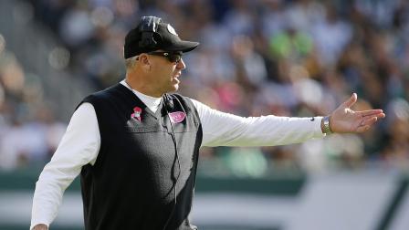 New York Jets head coach Rex Ryan reacts to a call during the second half of an NFL football game against the Pittsburgh Steelers Sunday, Oct. 13, 2013, in East Rutherford, N.J. (AP Photo/Seth Wenig)