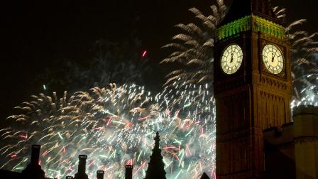 Fireworks explode over the Houses of Parliament