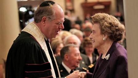 Former U.S. Ambassador to the Vatican Lindy Boggs is greeted by Rabbi Ed Cohn prior to the start of funeral services for retired Archbishop Phillip Hannan, inside St. Louis Cathedral in New Orleans, Thursday, Oct. 6, 2011.
