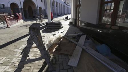 Building debris is left outside the Gorki Plaza East hotel in Krasnaya Polyana, Russia Sunday, Feb. 2, 2014.