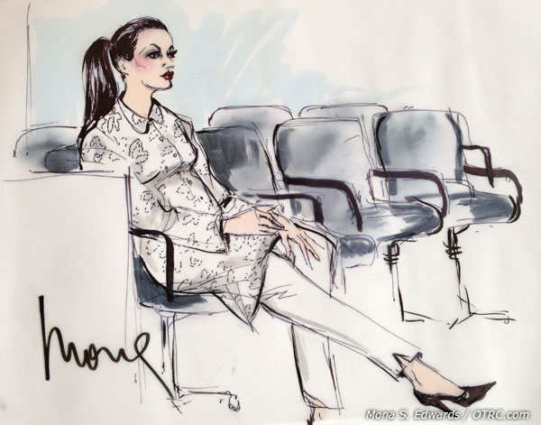 Kim Kardashian is seen in this courtroom sketch at a divorce settlement hearing on April 12, 2013. - Provided courtesy of Mona S. Edwards / OTRC Kim Kardashian is seen in this courtroom sketch at a divorce settlement hearing on April 12, 2013. - Provided courtesy of Mona S. Edwards / OTRC