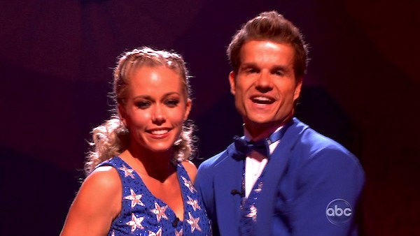 Kendra Wilkinson and her partner Louis van Amstel react to being safe from elimination. The couple received 22 out of 30 from the judges for their Fox Trot on week five 'Dancing With The Stars' on Monday, April 18, 2011.