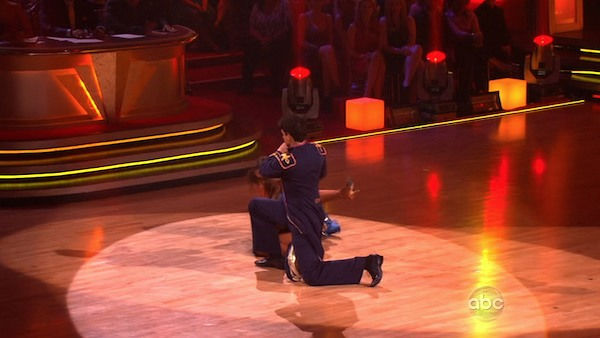 Karina Smirnoff  trips on Ralph Macchio's costume during their performance on week six of 'Dancing With The Stars.' The two received 24 out of 30 from the judges for their Paso Doble.