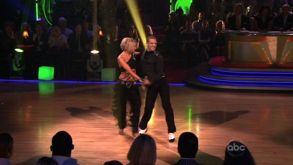 Chelsea Kane and her partner Mark Ballas do a...