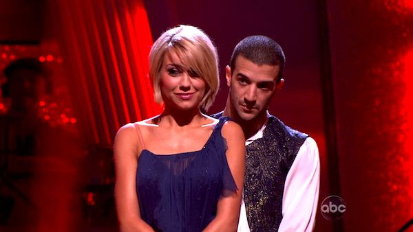 Chelsea Kane and her partner Mark Ballas await...