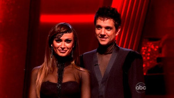 Ralph Macchio and his partner Karina Smirnoff await possible elimination. The couple received 25 out of 30 for their Argentine Tango and 21 points out of 30 for their Cha Cha, making their score a total of 56 out of 60 on week eight of 'Dancing With The S