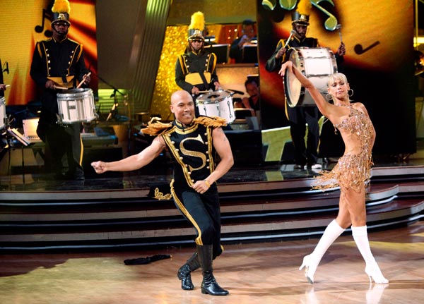 Hines Ward and his partner Kym Johnson dance a Quickstep and a Freestyle dance on week ten of 'Dancing With The Stars.' The judges gave the couple 29 out of 30 for their Quickstep and 30 points out of 30 for their Freestyle. The couple earned a total of 5