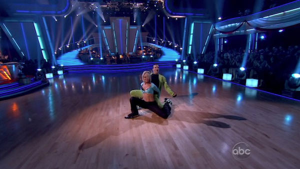 Chelsea Kane and her partner Mark Ballas dance a...