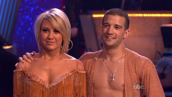 Chelsea Kane and her partner Mark Ballas dance a...