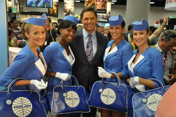 On The Red Carpet host Chris Balish poses with Pan Am Girls at Comic-Con in San Diego on Wednesday, July 20, 2011.