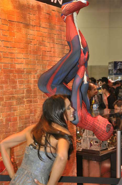On The Red Carpet host Rachel Smith poses with Spider-Man at Comic-Con in San Diego on Wednesday, July 20, 2011.