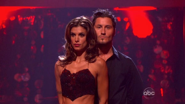 Italian model and actress Elisabetta Canalis and her partner Valentin Chmerkovskiy await possible elimination on 'Dancing With The Stars: The Results Show' on Tuesday, September 20, 2011. The pair received 15 out of 30 from the judges for their Cha Cha Ch