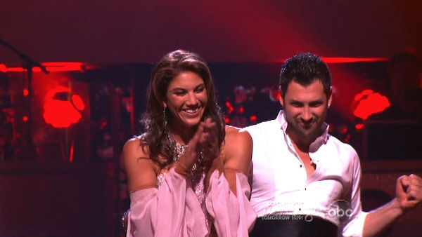 U.S. soccer star Hope Solo and her partner Maksim Chmerkovskiy react to being safe from elimination on 'Dancing With The Stars: The Results Show' on Tuesday, September 20, 2011. The pair received 21 out of 30 from the judges for their Viennese Waltz on th