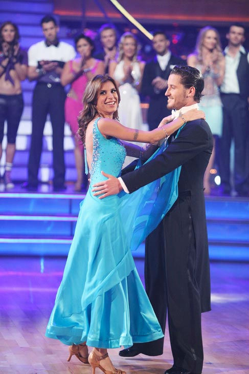 Italian model and actress Elisabetta Canalis and her partner Valentin Chmerkovskiy react to being eliminated on 'Dancing With The Stars: The Results Show' on Tuesday, September 27, 2011. The pair received 21 out of 30 from the judges for their Quickstep o