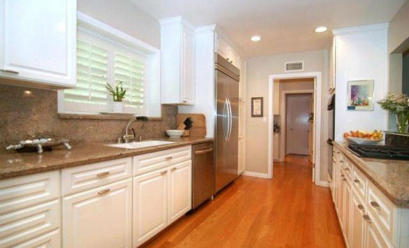 The kitchen at 'Gossip Girl' actress Leighton Meester's new Encino, California home. The 2,847 square feet property is located on a lush hillside and has 4 bedrooms, 4.5 bathrooms, a black-bottomed pool and pool bar.