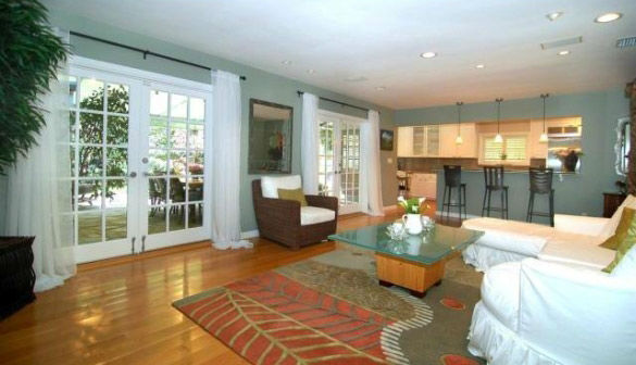 A living room in 'Gossip Girl' actress Leighton Meester's new Encino, California home. The 2,847 square feet property is located on a lush hillside and has 4 bedrooms, 4.5 bathrooms, a black-bottomed pool and pool bar.