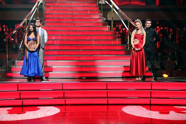 Rob Kardashian and his partner Cheryl Burke and Chynna Phillips and her partner Tony Dovolani wait to see who would be eliminated this week, as determined by a combination of the judges' scores and viewers' votes on dances performed on Monday's performanc