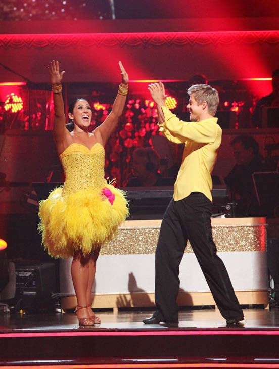 Talk show host and actress Ricki Lake and her partner Derek Hough react to being safe on 'Dancing With The Stars: The Results Show' on Tuesday, November 15, 2011. The pair received 30 out of 30 from the judges for their Samba and 29 out of 30 for their Ar