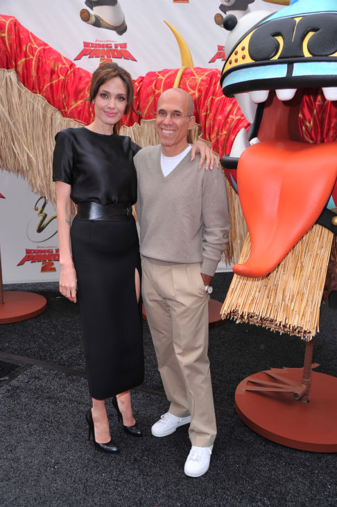 Actors Angelina Jolie and CEO of Dreamworks Animation Jeffrey Katzenberg arrive at DreamWorks Animation's 'Kung Fu Panda 2' Los Angeles Premiere held at Grauman's Chinese Theatre on May 22, 2011 in Hollywood, California.