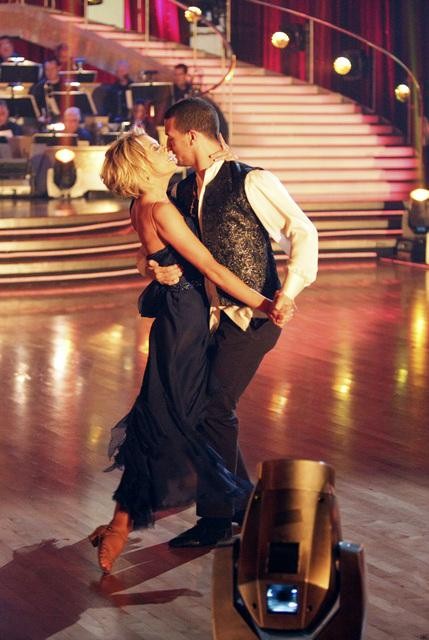 Chelsea Kane and her partner Mark Ballas dance a...