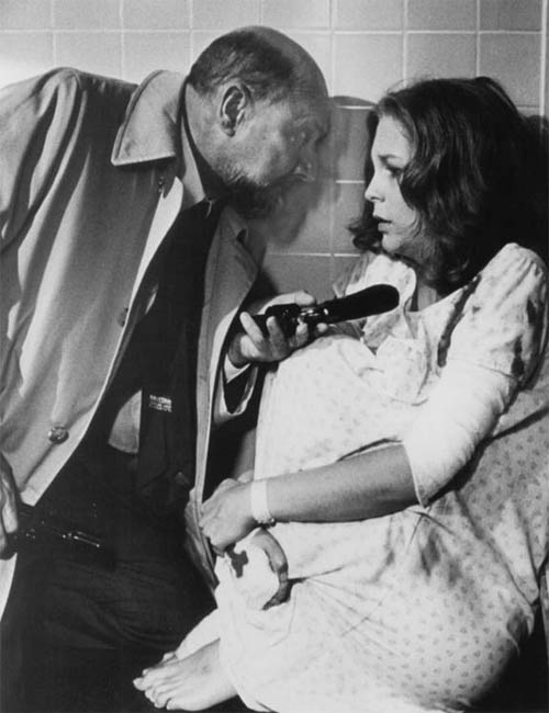 Donald Pleasence and Jamie Lee Curtis appear in a scene from the 1981 movie, 'Halloween II.'