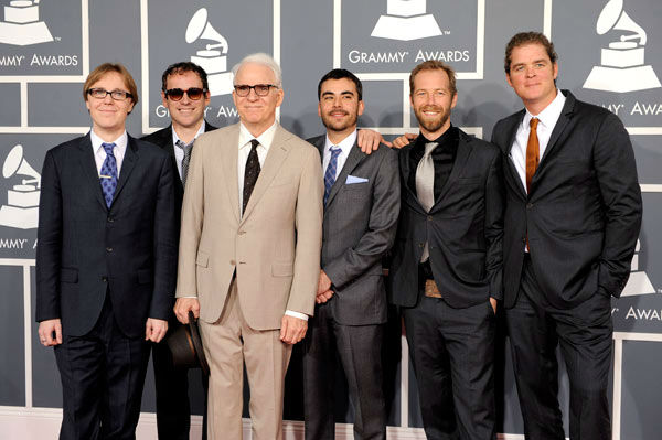 Steve Martin, third from left, and the Steep Canyon Rangers arrive at the 54th annual GRAMMY Awards on Sunday, Feb. 12, 2012 in Los Angeles.