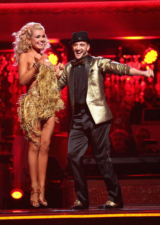 Classical singer Katherine Jenkins and her partner Mark Ballas react to being safe from elimination on 'Dancing With The Stars: The Results Show' on Tuesday, April 24, 2012. The pair received 29 out of 30 points from the judges for their Samba on week six