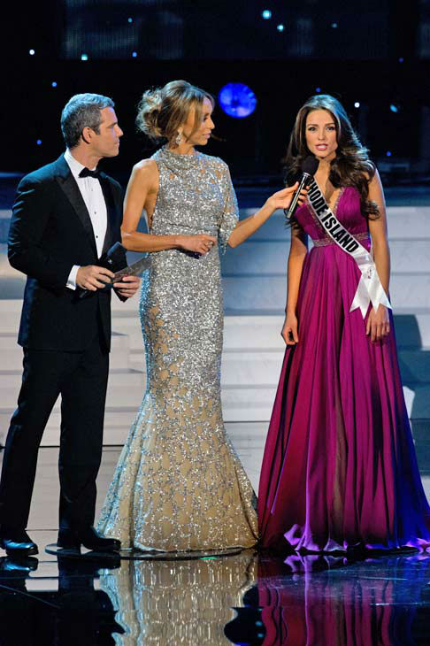 Hosts Andy Cohen and Giuliana Rancic with Miss Rhode Island USA 2012, Olivia Culpo, during the Judges Question in Las Vegas, Nevada on Sunday, June 3, 2012.