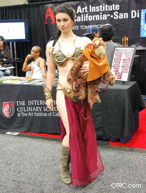 A fan dressed in costume as Princess Leia from...